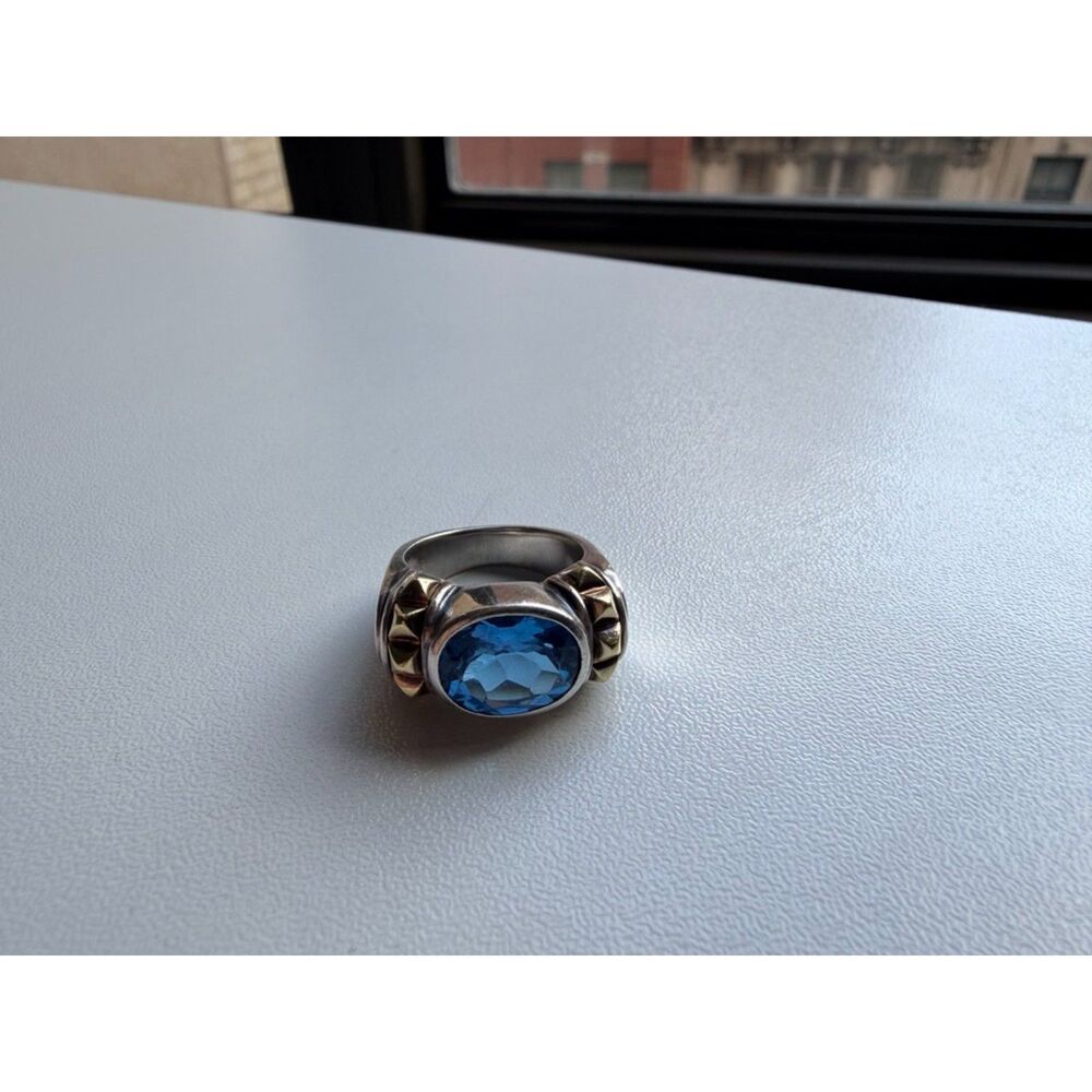 Vintage LAGOS Two-Tone Blue Topaz Caviar Ring 925 18K